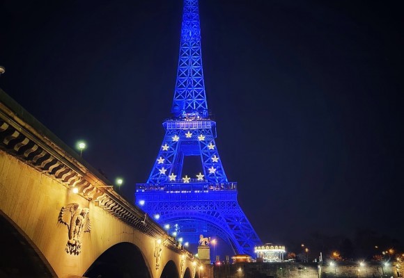 The Eiffel Tower all draped in blue